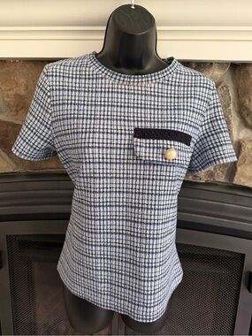 Blue and White Check Short Sleeve Tee with Pocket Detail